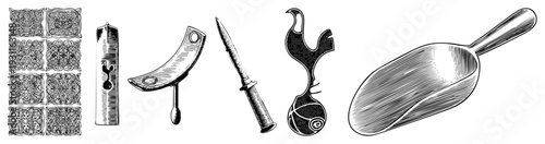 Antique decorative tiles, ornate candlestick, curved knife, whimsical spoon, and scoop rendered in detailed halftone style, ideal for retro or vintage design projects.