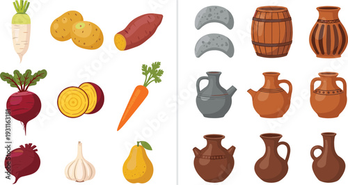 Vector illustration set featuring fresh root vegetables like carrots potatoes and beets alongside various traditional clay pottery jars and rustic ceramic vessels.