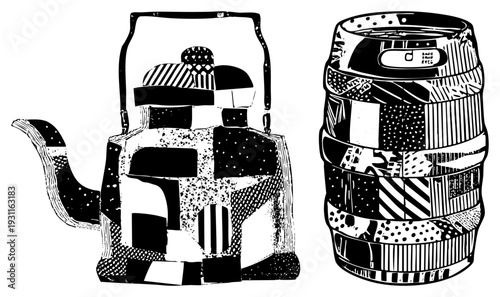 Stylized tea kettle and beer keg with patchwork halftone textures, retro vector art, black and white illustration, kitchen and brewery.