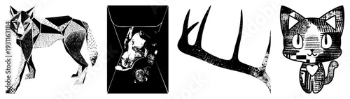 Four stylized vector angular wolf, sand hourglass, antler silhouette, pixelated cat with heart. Flat design with halftone shading,, isolated elements.