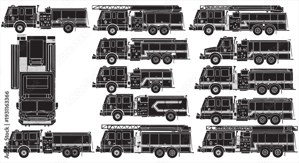 Obraz premium Fire Truck Blueprint – Emergency Rescue Vehicle CAD Technical Drawing
