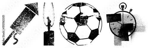 Retro styled halftone illustrations launch, flickering candle, classic soccer ball, analog stopwatch all rendered with dot and distressed textures.