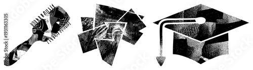 Black and white halftone vector trio striped hairbrush, fragmented puzzle shapes, dotted graduation cap ideal for versatile design use.