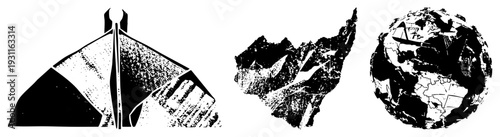 Three stylized black and white vector angular abstract form, textured map like silhouette, globe with fragmented continents all in halftone style, isolated on transparent background.
