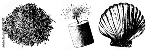 Vector illustration of dandelion seed head, lit candle with sparkles, scallop all in halftone style. Nature, celebration, ocean motifs. Isolated, cutout, rgba.