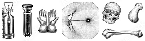 Historical medical equipment including gas cylinder, glass tube, protective gloves, anatomical diagrams, skull and bones, engraved art, scientific illustration.