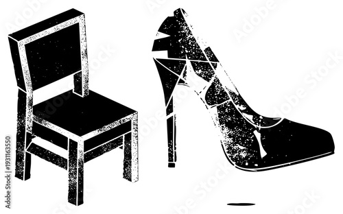 Isolated cracked stiletto heel next to vacant chair, fashion abandonment symbol, halftone graphic, urban art, minimalist silhouette.