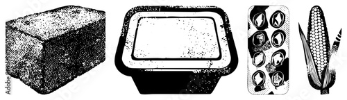 Black and white halftone graphic featuring loaf of bread, sealed container, pill blister pack, and corn cob stylized vector art with dot texture.
