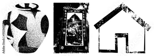 Stylized vase with bold geometric shapes, ornate rug with intricate border, minimalist house, all rendered in halftone dot, vector graphic, isolated elements.