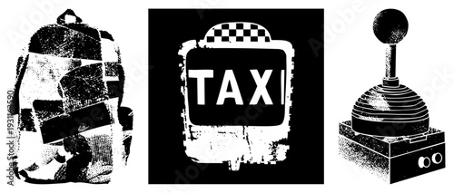 Vintage halftone backpack, classic taxi sign, arcade joystick controller, vector art, stylized retro gaming and travel.