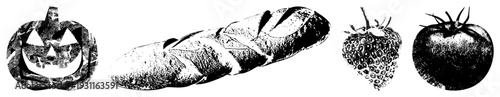 Halftone illustrated food and seasonal, including jack o lantern, baguette, strawberry, tomato,, engraved style, graphic design elements.