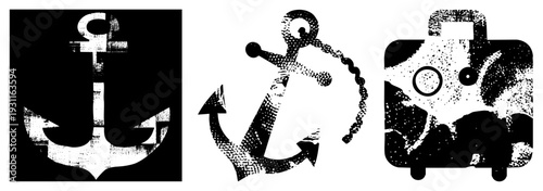 Nautical anchor with chain, travel suitcase featuring starfish motif, halftone texture, maritime theme, isolated vector.