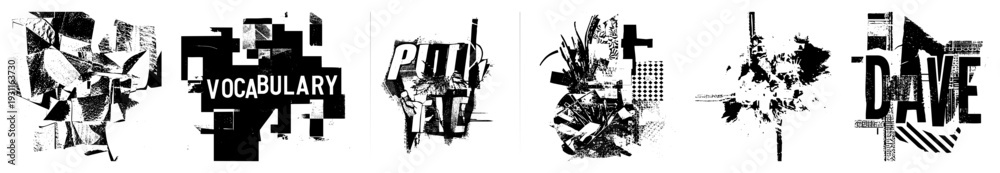 Obraz premium Stylized text logos with shattered, pixelated, and abstracted lettering, graphic design elements, modern typography, fragmented fonts, visual noise.