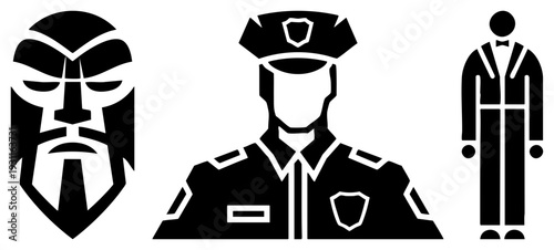 Abstract black vector of warrior mask, police officer, and suit clad man, minimalist flat design, symbolic representation, professional and figures.