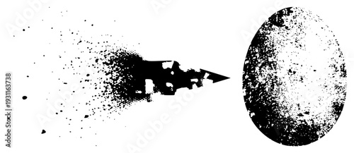 Spacecraft disintegrating into particles, cosmic egg formation, asteroid impact, interstellar explosion, black and white vector art, sci fi debris.