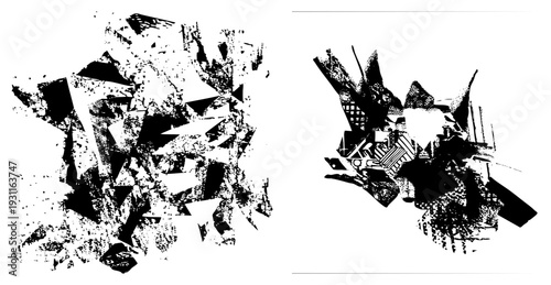 Dynamic black and white vector composition of shattered geometric shapes, halftone textures, and fragmented, ideal for graphic design, digital art, or experimental visuals.