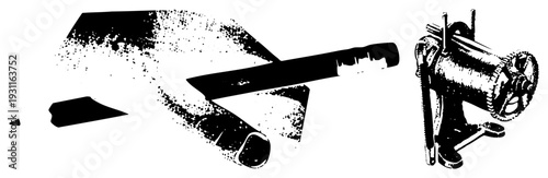 Retro sci fi weaponry, hand cranked artillery, black and white halftone graphic, stylized military gear, isolated vector art, sci fi prop design.