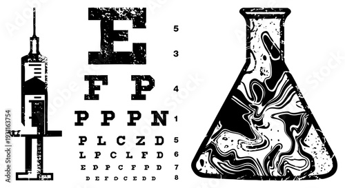 Eye chart with syringe, beaker, and letter rows for vision testing, medical illustration, healthcare, diagnostic tools, black and white vector art.