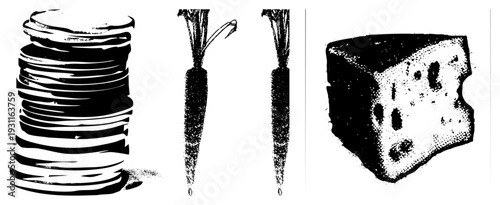 Vector illustration of sliced bread, carrots, and cheese block with halftone texture, food, black and white graphic, isolated food items, dietary staples, minimalist kitchen elements.