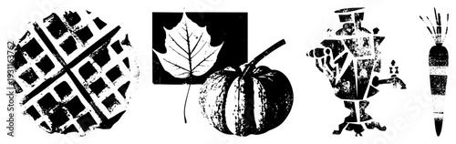 Black and white halftone illustrations of autumn foods and symbols waffle grid, maple leaf, pumpkin, samovar, carrot. Stylized seasonal for design or print.