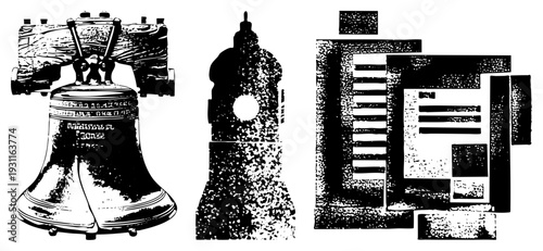 Liberty Bell with engraved text, bell tower silhouette, abstract typographic blocks, halftone texture, vector art, graphic design elements, isolated foreground.