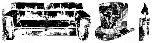 Vintage sofa with textured upholstery, top hat, flickering candle, all rendered in high contrast halftone, graphic design, isolated elements.