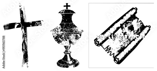 Vintage textured religious including,, and Torah scrolls, stylized halftone print, spiritual symbols, sacred objects, faith.