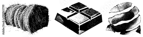 Stylized halftone render of agricultural hay bale, construction brick stack, and citrus peel segments isolated vector graphic with texture and geometric shapes.