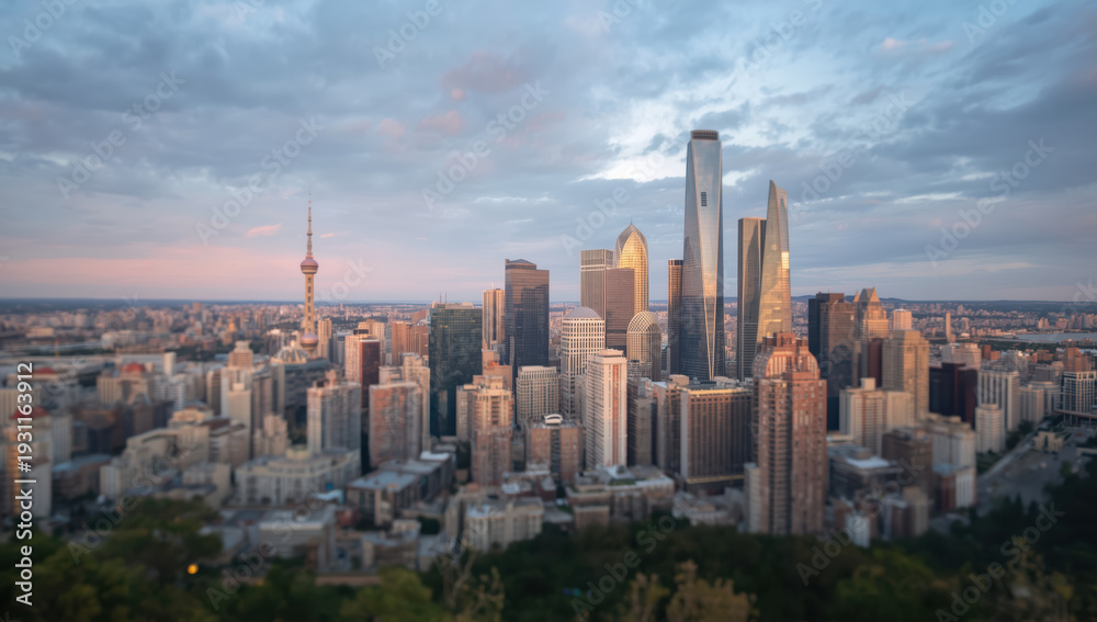Fototapeta premium Urban skyline cityscape modern skyscraper tower sunset reflective glass highrise downtown