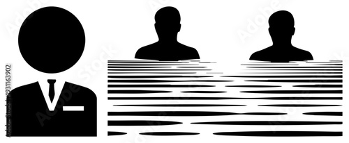 Abstract vector of a businessman in suit beside two submerged figures, representing leadership or team dynamics, minimalist black and white design.
