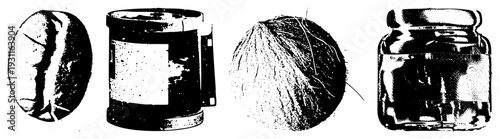 Black and white halftone illustrations of coffee bean, spice jar, coconut, and glass jar minimalist vector for food or beverage design.