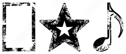 Distressed vector star, musical note, bracket frame, gritty texture, black and white, graphic design elements, vintage aesthetic.