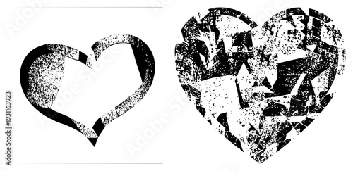 Cracked heart with distressed texture, halftone dot shading, graphic symbol of emotional breakage, broken love motif, digital vector design.