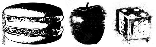 Sweet macaron dessert, fresh fruit, gaming die, stylized black and white, halftone texture, graphic design elements.
