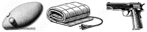 Retro mouse, heated pad, handgun halftone vector style. Synonyms computer, thermal blanket, firearm illustration.