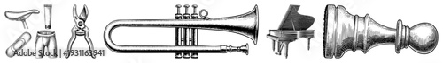 Trumpet, piano, chess king, vintage tools, engraved illustrations, classic art, design, detailed work.