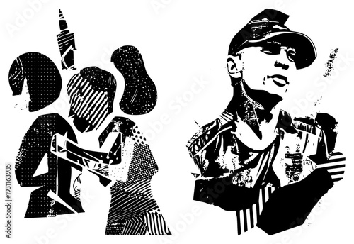 Stylized black and white halftone portraits of city dwellers, abstracted forms, urban graffiti aesthetic, graphic design elements, textured vector art.