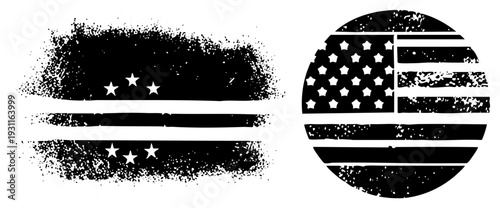 Distressed black and white flag, circular and rectangular shapes, symbols, stencil art, gritty texture, USA emblem, graphic design element.