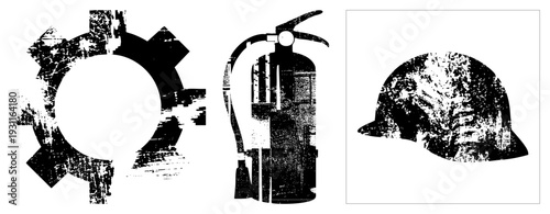 Distressed black silhouettes of industrial safety symbols gear, fire extinguisher, helmet with gritty texture, ideal for hazard signage or UI design.