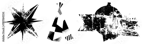 Bold black and white abstract shapes with gritty texture, stencil like forms, vector art, isolated design elements, graphic design assets, urban aesthetic.