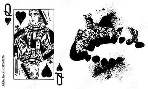 Vintage playing card queen, ornate attire, ink splatter abstract, stylized card design, graphic illustration, black and white vector art.
