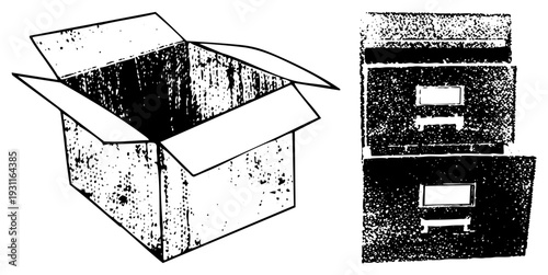 Empty shipping box with flaps open, office filing cabinet with drawers, vintage ink sketch, graphic, office supplies, storage container.