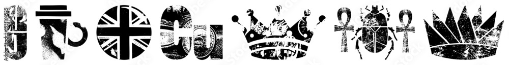 Obraz premium Retro styled crown, ankh,, Union Jack, and monogrammed letterforms rendered in distressed black and white vector glyphs.