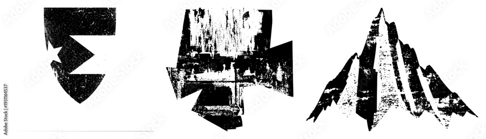 Obraz premium Bold black graphic forms with distressed texture, stylized fragments, design, modern art elements, vector silhouette, urban aesthetic, abstract composition.