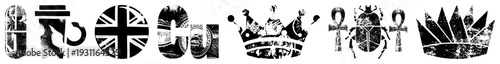 Retro styled crown, ankh,, Union Jack, and monogrammed letterforms rendered in distressed black and white vector glyphs.