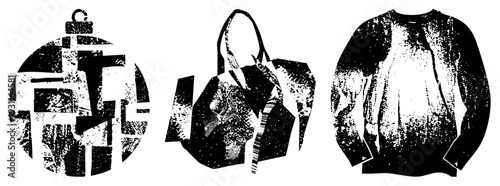 Black and white halftone vector graphics of decorative ornament, shoulder bag, and long sleeve sweatshirt. Artistic abstract shapes with textured.