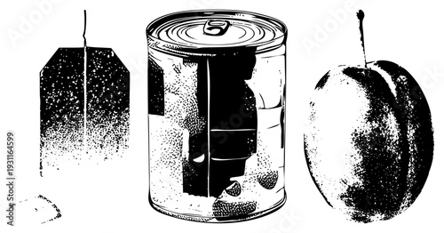 Retro style halftone drawing of tea bag, fruit can, and plum,, dotted shading, classic graphic design, food packaging, stylized fruit.