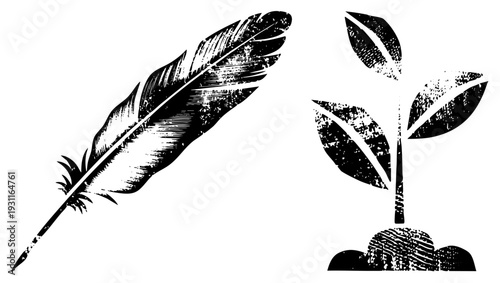 Black ink illustration of quill pen and seedling, hand drawn texture, writer’s tool and growth symbol, artistic design.
