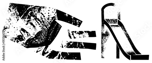 Stylized playground equipment with distressed texture, swing set and slide, vector illustration, children’s play area, rough halftone effect.