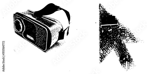 Virtual reality headset with strap and computer mouse cursor rendered in halftone dots, digital interface elements, tech, vector graphic, screen navigation tools.